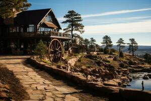 ai genererad trä- hus på de fot av de berg professionell fotografi foto