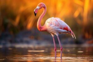 ai genererad rosa flamingo stående i vatten med reflexion foto