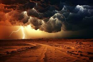 ai genererad storm i de öken. 3d framställa av en stormig himmel, ai genererad foto
