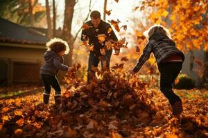 ai genererad Lycklig familj spelar med höst löv i de parkera. mor, far och barn har roligt utomhus, en familj kratta och Hoppar i pålar av falla löv, ai genererad foto