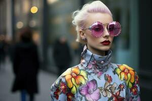 ai genererad modern ung kvinna med rosa hår i solglasögon på de gata, en mode entusiast bär senast trender från milan mode vecka, ai genererad foto
