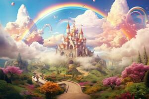 ai genererad fantasi landskap med fantasi slott och regnbåge. 3d illustration, ai genererad foto