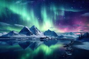 ai genererad aurora borealis i de natt himmel över bergen och sjö, ett isig och frostig textur av en snöflinga, ai genererad foto