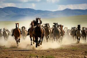 ai genererad hästar springa galopp i stäpp, Kirgizistan, ett intensiv häst lopp i de omfattande mongoliska stäpp, ai genererad foto