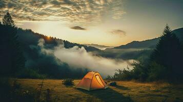 ai genererad camping i skog. morgon- på läger. foto