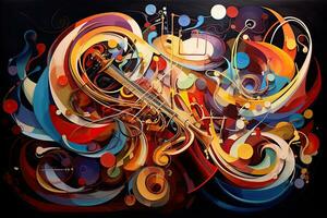 ai genererad färgrik musik bakgrund med fiol, trumpet och saxofon. vektor illustration, ai genererad foto