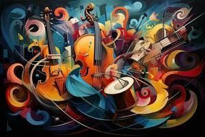 ai genererad abstrakt färgrik musik bakgrund med violoncell och trumma illustration, ai genererad foto