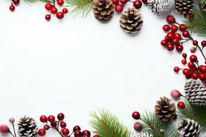 ai genererad jul sammansättning av gran träd grenar med grannlåt på vit bakgrund foto