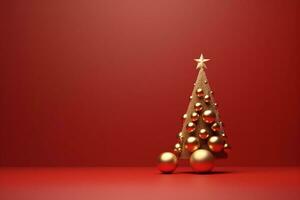 ai genererad röd dekorerad jul träd med gåva och kopia Plats röd isolerat bakgrund foto