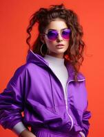 ai genererad stil kvinna i glasögon och ett 80s neon Färg träningsoverall med hörlurar på de violett vägg. foto