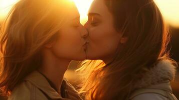 ai genererad två kvinnor dela med sig en lugn kyss i de mjuk ljus av de miljö Sol, inkapslande en ögonblick av kärlek och förbindelse. foto