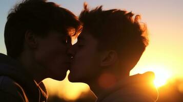 ai genererad en innerlig kyss mellan två ung älskande på skymning, med värma solljus gjutning en mjuk glöd, perfekt för illustrerar ung kärlek och mångfald. foto