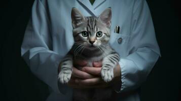 ai genererad en lugn brittiskt kort hår katt, hölls förbi en veterinär i en vit täcka, blickar lugnt med slående bärnsten ögon. foto