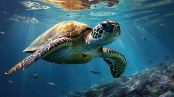 ai genererad hav sköldpadda glidande över hav säng strö med plast, en skarp påminnelse av marin föroreningar påverkan på vilda djur och växter. foto