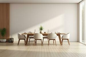 ai genererad 3d återges minimal stil modern dining rum med och interiör design med stol och dining tabell foto