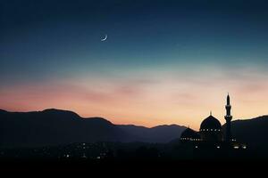 ai genererad en moské i natt och måne i bakgrund ramadan kareem firande foto