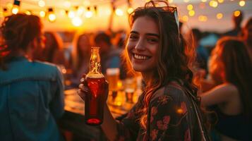 ai genererad ung kvinna på fest innehav öl flaska foto