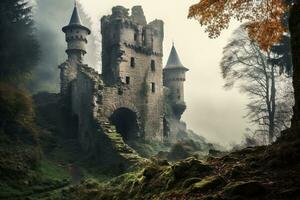 ai genererad fantasi landskap med ruiner av gammal slott i dimmig dal, ai genererad foto