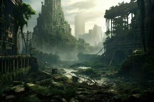 ai genererad mystisk ruiner av ett gammal tempel i de djungel. fantasi landskap, apokalyptisk stad ruiner tagen över förbi djungel, ai genererad foto