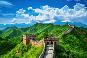 ai genererad majestätisk bra vägg av Kina över de grön kullar och blå himmel, ai genererad foto