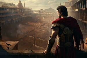 ai genererad bak- se av en roman legionär soldat stående i de ruiner av de palats, ai genererad foto