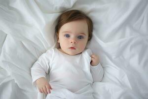 ai genererad söt liten bebis flicka på vit strö, topp se, ai genererad foto