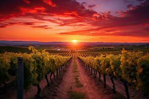 ai genererad vingårdar i Toscana, Italien. lantlig landskap på solnedgång, ai genererad foto