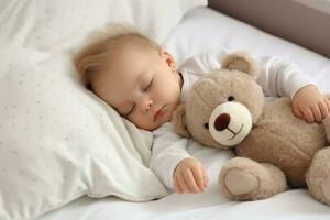 ai genererad förtjusande bebis pojke sovande med teddy Björn på säng på Hem, ai genererad foto