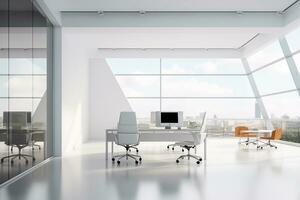 ai genererad skön bakgrund av en modern kontor interiör med panorama- fönster foto