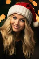 ai genererad skön blond modell kvinna bär santa hatt. jul humör, lampor på de bakgrund. ai genererad foto