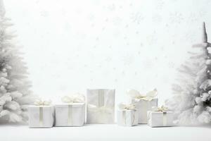 ai genererad vinter- gåva med en silver- band under en tall träd med en vit bakgrund och snöflingor. hd tapet foto