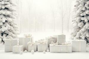 ai genererad vinter- gåva med en silver- band under en tall träd med en vit bakgrund och snöflingor. hd tapet foto