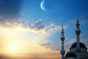 ai genererad ramadan kareem. lång minareter, moské kupol och halvmåne och lysande stjärna i de himmel. religiös bakgrund. foto