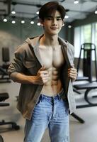 ai genererad ung asiatisk manlig modell, ljus leende, Bra figur, övning bakgrund på de Gym, hög upplösning. de hela bild är skarp. generera ai foto