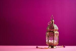ai genererad arabicum lykta lysande på magenta bakgrund helig månad ramadan kareem foto