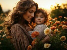 ai genererad anbud mamma kärleksfullt innehav henne bebis utomhus , omgiven förbi blomning blommor och en värma solnedgång glöd foto