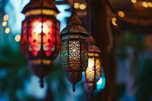 ai genererad dekorativ arabicum lykta med brinnande ljus lysande på natt inbjudan för muslim helig månad ramadan kareem foto
