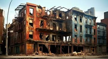 ai genererad brinnande byggnader efter de krig, krig scen, flammande hus foto