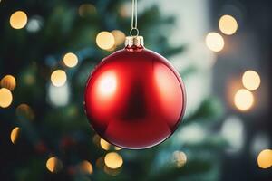 ai genererad en stänga upp av en jul träd med grannlåt hängande från dess grenar och en suddigt bakgrund foto