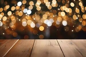 ai genererad jul trä- tabell attrapp med gåvor, lampor och bokeh bakgrund. baner med kreativ dekoration och kopia Plats. foto