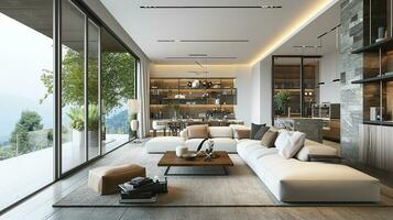 ai genererad levande rum interiör design med soffa minimal estetisk 3d återges foto