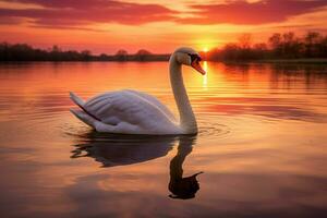ai genererad fotografera en graciös svan glidande tvärs över en lugn sjö på solnedgång foto
