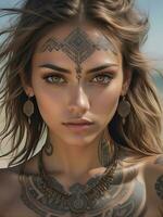 ai genererad porträtt av en kvinna med en kropp full av konstnärlig tatueringar foto