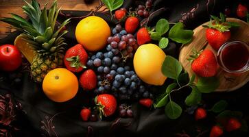 ai genererad utsökt färgad frukt på färgad bakgrund, tapet av frukter, skivad frukt på abstrakt bakgrund, frukt bakgrund foto