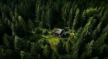 ai genererad hus i de skog, hus i de skog, modern designad trä- hus i de skog foto