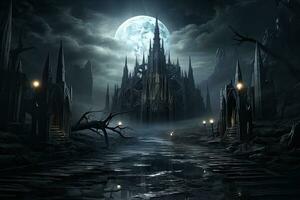 ai genererad halloween bakgrund med läskigt slott och full måne. 3d tolkning, ai genererad foto