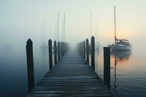 ai genererad trä- brygga i en dimmig morgon- på sjö balaton, Ungern, ai genererad foto