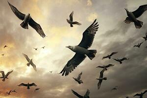 ai genererad seagulls flygande i de himmel. 3d illustration, ai genererad foto