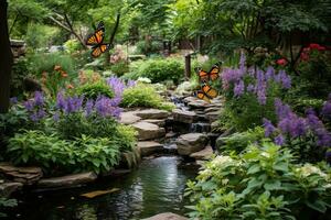 ai genererad fjärilar och blommor i en skön japansk trädgård i vår, ai genererad foto