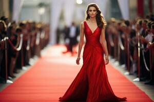 ai genererad mode modell bär röd klänning på de röd matta under de show, ai genererad foto